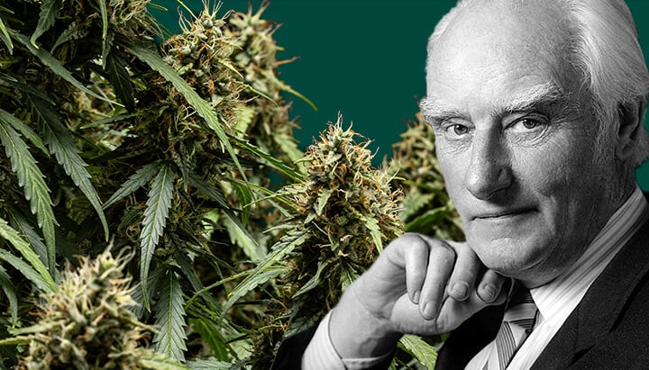 Francis Crick Ritratto in bianco e nero di Francis Crick, con la mano sul mento, circondato da piante di cannabis alla sua sinistra e uno sfondo verde scuro.